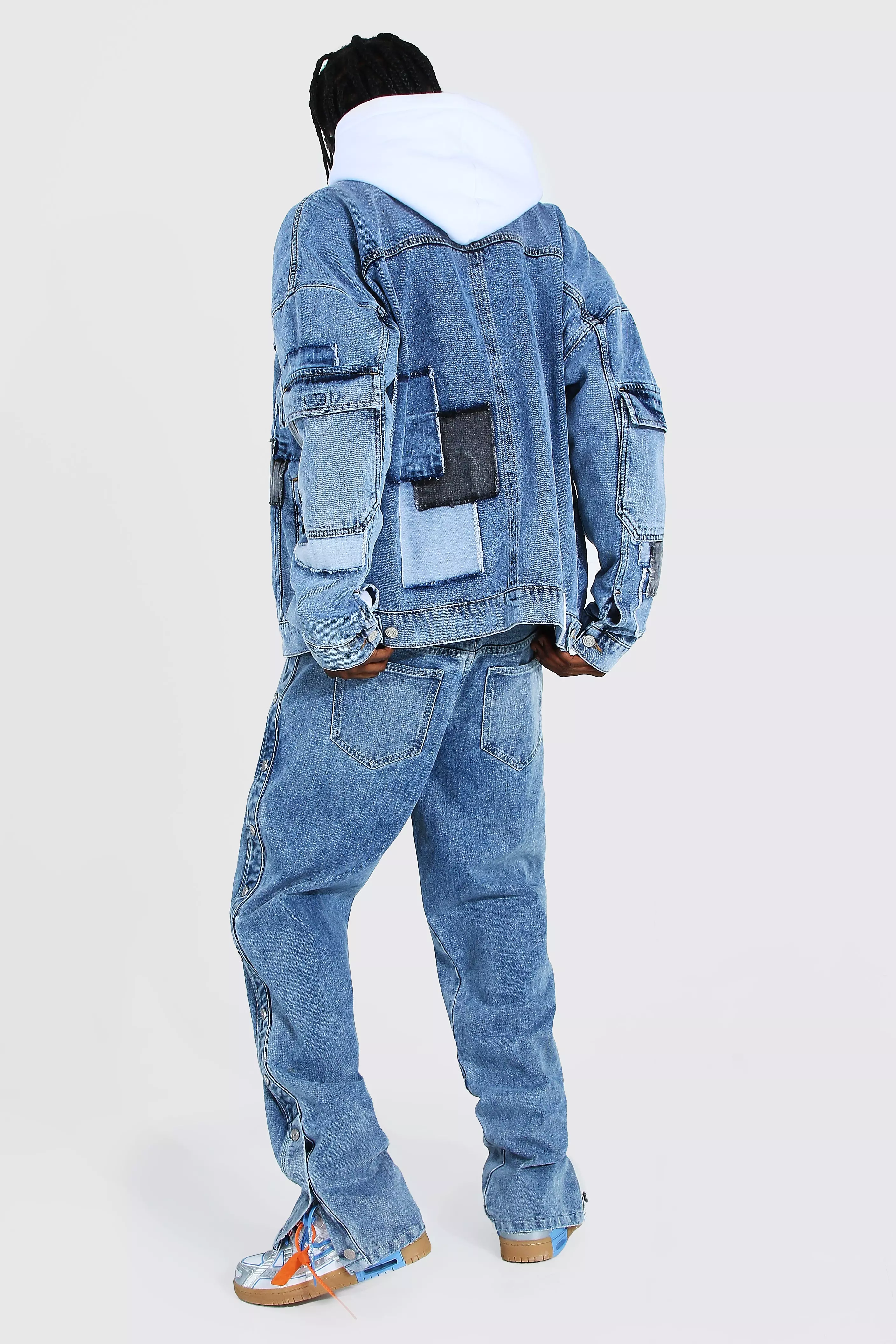 Oversized Patchwork Cargo Denim Jacket | boohooMAN USA
